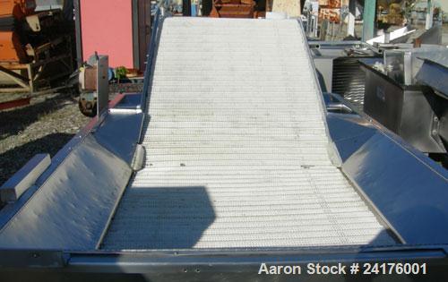 Used Belt Conveyor, " Z " Shaped. 38" wide x 48" bottom section x 48" inclined section x 36" top section plastic mesh belt, approximately 53" discharge height. Driven by a 2hp, 3/60/208-230/460 volt,...