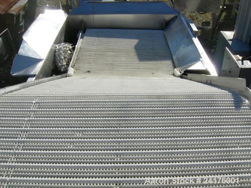 Used Belt Conveyor, " Z " Shaped. 38" wide x 48" bottom section x 48" inclined section x 36" top section plastic mesh belt, approximately 53" discharge height. Driven by a 2hp, 3/60/208-230/460 volt,...
