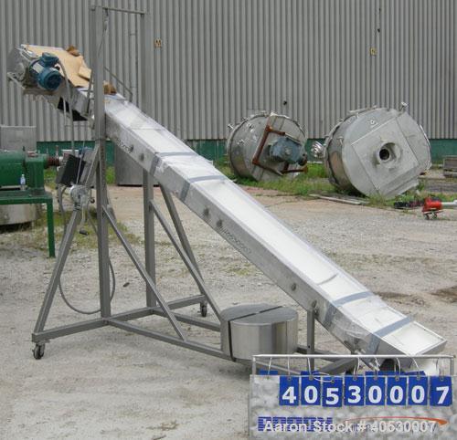 Used Incline Belt Conveyor, 304 stainless steel. 12" wide x 172" long rubber belt, driven by a 1 hp, 3/60/460 volt, 1745 rpm gearmotor, ratio 30 to 1 with a Danfoss VLT 2800 controller. Manually adju...