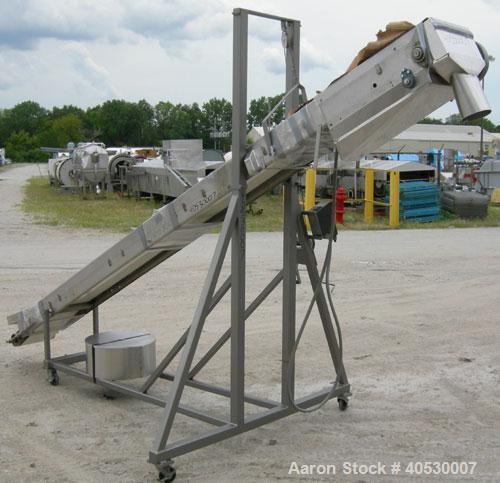 Used Incline Belt Conveyor, 304 stainless steel. 12" wide x 172" long rubber belt, driven by a 1 hp, 3/60/460 volt, 1745 rpm gearmotor, ratio 30 to 1 with a Danfoss VLT 2800 controller. Manually adju...