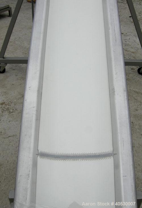 Used Incline Belt Conveyor, 304 stainless steel. 12" wide x 172" long rubber belt, driven by a 1 hp, 3/60/460 volt, 1745 rpm gearmotor, ratio 30 to 1 with a Danfoss VLT 2800 controller. Manually adju...