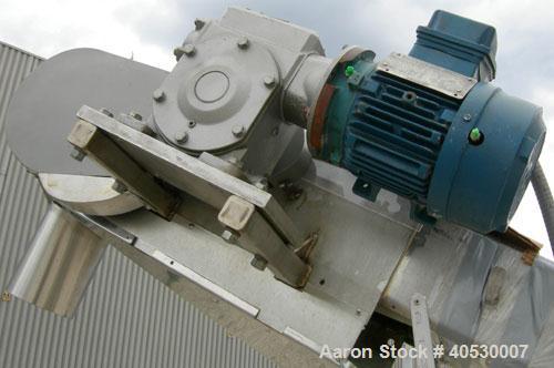Used Incline Belt Conveyor, 304 stainless steel. 12" wide x 172" long rubber belt, driven by a 1 hp, 3/60/460 volt, 1745 rpm gearmotor, ratio 30 to 1 with a Danfoss VLT 2800 controller. Manually adju...
