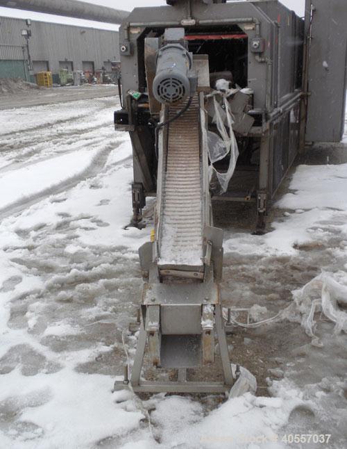 Used Incline Belt Conveyor. 6" wide x 56" long cleated rubber belt. Driven by a 3/4 hp, 3/60/208-230/460 volt, 1725 rpm gear motor, no ratio. Mounted on a stainless steel frame.