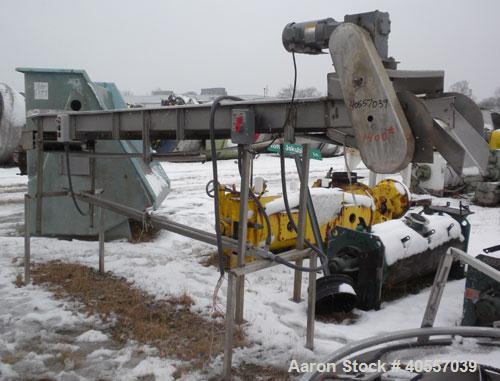 Used Belt Conveyor, 18" wide x 148" long rubber belt. Driven by a 1 hp, 3/60/230/460 volt, 1725 rpm gear motor, no ratio. Mounted on a stainless steel frame.