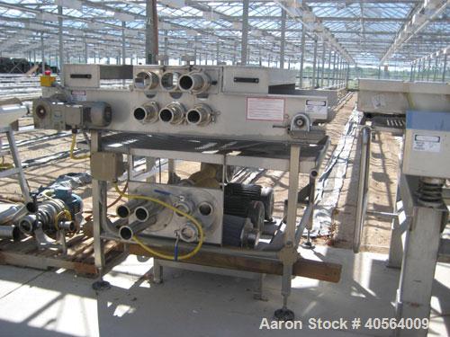 Used Conveyor, loose stainless steel wire mesh 48 in wide x 62 in long with stainless steel frame, air manifold and two 15 hp air blowers. Last used to dry pouches.