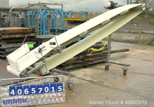 Used Inclined Belt Conveyor, 23 1/2" wide x 152" long rubber belt. Driven by a 1 hp, 3/60/208-230/460 volt, 1725 rpm gearmotor, ratio 10 to 1. Mounted on a stainless steel frame with casters, approxi...