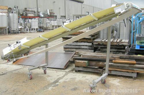 Used Inclined Belt Conveyor, 23 1/2" wide x 152" long rubber belt. Driven by a 1 hp, 3/60/208-230/460 volt, 1725 rpm gearmotor, ratio 10 to 1. Mounted on a stainless steel frame with casters, approxi...