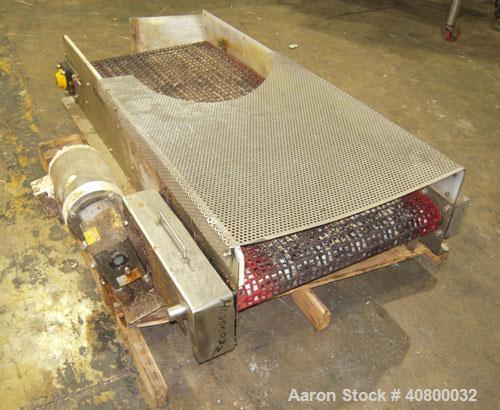 Used Belt Conveyor. Plastic belt 24" wide x 53" long. Stainless steel frame. Driven by a 1 hp, 3/60/575 volt, 1725 rpm gear motor.