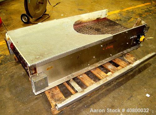 Used Belt Conveyor. Plastic belt 24" wide x 53" long. Stainless steel frame. Driven by a 1 hp, 3/60/575 volt, 1725 rpm gear motor.