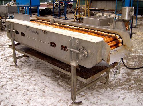 Used Motorized Roller Conveyor. 24" wide x 90" long. Driven by a 1/2hp, 3/60/575 volt, 1740 rpm gear motor. Includes a bottom drip pan, mounted on a 304 stainless steel frame.
