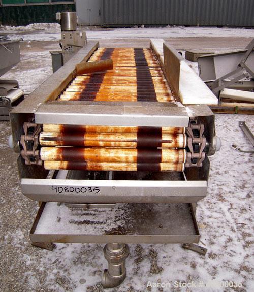 Used Motorized Roller Conveyor. 24" wide x 90" long. Driven by a 1/2hp, 3/60/575 volt, 1740 rpm gear motor. Includes a bottom drip pan, mounted on a 304 stainless steel frame.