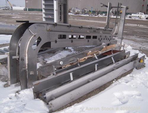 Used Vertical "Z" Shaped Conveyor, 304 stainless steel frame. 16" wide plastic belt, 48" long horizontal bottom infeed section, 144" long vertical section, 144" long horizontal top discharge section....