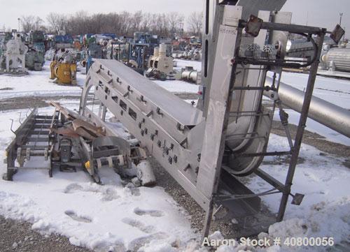 Used Vertical "Z" Shaped Conveyor, 304 stainless steel frame. 16" wide plastic belt, 48" long horizontal bottom infeed section, 144" long vertical section, 144" long horizontal top discharge section....