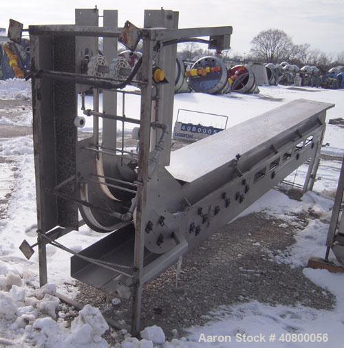 Used Vertical "Z" Shaped Conveyor, 304 stainless steel frame. 16" wide plastic belt, 48" long horizontal bottom infeed section, 144" long vertical section, 144" long horizontal top discharge section....