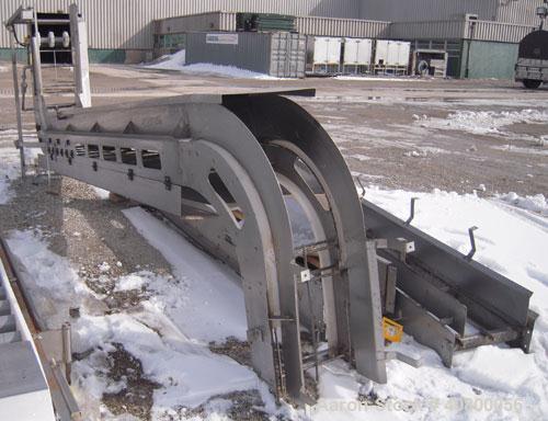 Used Vertical "Z" Shaped Conveyor, 304 stainless steel frame. 16" wide plastic belt, 48" long horizontal bottom infeed section, 144" long vertical section, 144" long horizontal top discharge section....