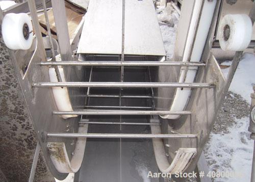 Used Vertical "Z" Shaped Conveyor, 304 stainless steel frame. 16" wide plastic belt, 48" long horizontal bottom infeed section, 144" long vertical section, 144" long horizontal top discharge section....