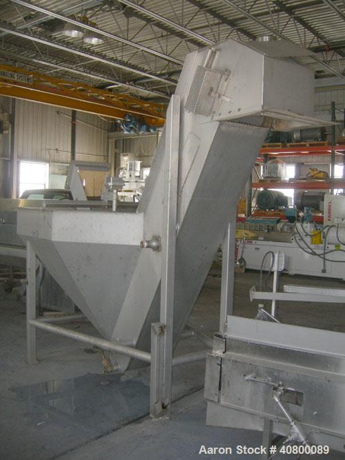 Used Inclined Plastic Belt Conveyor. 18" wide x 96" long with 9" wide x 3" tall offset pockets. 301 stainless steel supply feed hopper, 64" wide x 56" long x approximately 56" deep. Driven by an appr...
