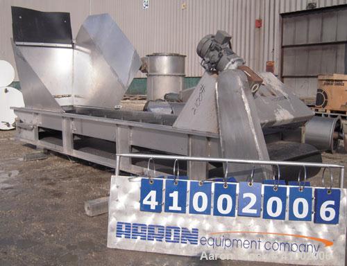 Used Incline Belt Conveyor. 23 1/2" wide x 132" long rubber belt. Driven by a 1 hp, 3/60/208-230/460 volt, 1725 rpm gearmotor. Mounted on a 304 stainless steel frame.