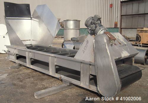 Used Incline Belt Conveyor. 23 1/2" wide x 132" long rubber belt. Driven by a 1 hp, 3/60/208-230/460 volt, 1725 rpm gearmotor. Mounted on a 304 stainless steel frame.
