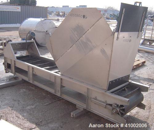 Used Incline Belt Conveyor. 23 1/2" wide x 132" long rubber belt. Driven by a 1 hp, 3/60/208-230/460 volt, 1725 rpm gearmotor. Mounted on a 304 stainless steel frame.