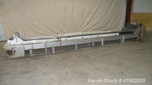Used Belt Conveyor. Rubber belt 23" wide x 216" long. 11" long x 2" deep pockets. Driven by a 1 hp, 3/60/208-230/460 volt, 1725 rpm motor with reducer, ratio 20 to 1. Mounted on a 304 stainless steel...