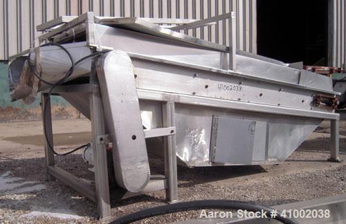 Used Inclined Cooling Belt Conveyor, 304 stainless steel. 36" wide x 102" long wire mesh stainless steel belt. Driven by a 3/4 hp, 90 volt, 1750 rpm DC gearmotor. Mounted on stainless steel frame.