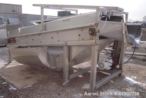 Used Inclined Cooling Belt Conveyor, 304 stainless steel. 36" wide x 102" long wire mesh stainless steel belt. Driven by a 3/4 hp, 90 volt, 1750 rpm DC gearmotor. Mounted on stainless steel frame.