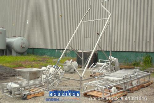 Used Inclined "S" Shaped Belt Conveyor. Approximate 24" wide rubber belt with 17" wide x 10" long x 3" deep pockets. Approximate 48" long bottom section with 27" x 27" feed hopper x 156" long incline...