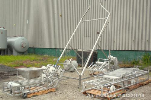 Used Inclined "S" Shaped Belt Conveyor. Approximate 24" wide rubber belt with 17" wide x 10" long x 3" deep pockets. Approximate 48" long bottom section with 27" x 27" feed hopper x 156" long incline...