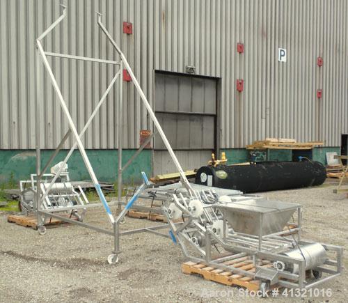 Used Inclined "S" Shaped Belt Conveyor. Approximate 24" wide rubber belt with 17" wide x 10" long x 3" deep pockets. Approximate 48" long bottom section with 27" x 27" feed hopper x 156" long incline...