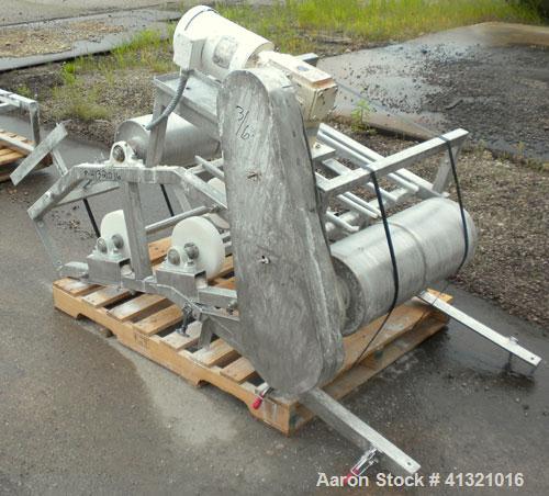 Used Inclined "S" Shaped Belt Conveyor. Approximate 24" wide rubber belt with 17" wide x 10" long x 3" deep pockets. Approximate 48" long bottom section with 27" x 27" feed hopper x 156" long incline...
