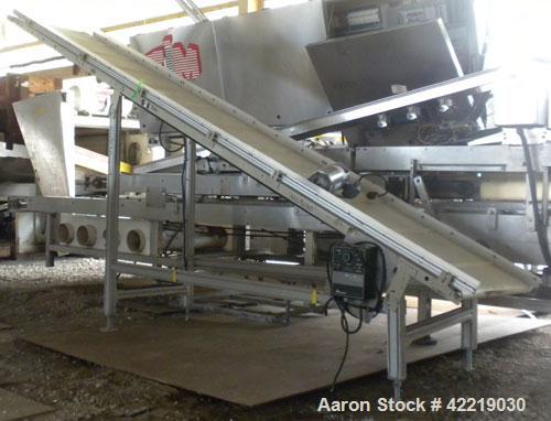 Used QC Industries Inclined Belt Conveyor, carbon steel. 21" wide x 140" long rubber belt, 12" long pockets. 74" discharge height. Driven by a .33 hp, 90 volt, 1750 rpm DC gear motor, ratio 20 to 1. ...