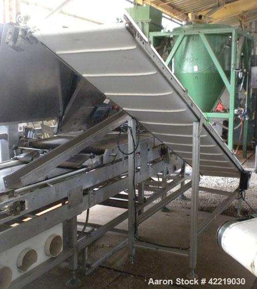 Used QC Industries Inclined Belt Conveyor, carbon steel. 21" wide x 140" long rubber belt, 12" long pockets. 74" discharge height. Driven by a .33 hp, 90 volt, 1750 rpm DC gear motor, ratio 20 to 1. ...