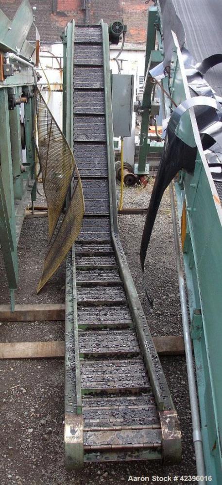 Used Transcon Z Style Metal Cleated Belt Conveyor. 12" Wide x 8' long flat section, 8.5' long inclined section, 19" long flat section, approximate 74" high discharge height. Driven by a 0.75 hp, 230/...