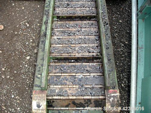Used Transcon Z Style Metal Cleated Belt Conveyor. 12" Wide x 8' long flat section, 8.5' long inclined section, 19" long flat section, approximate 74" high discharge height. Driven by a 0.75 hp, 230/...