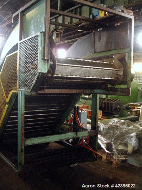 Used Z Style Metal Cleated Belt Conveyor. 48" Wide x 10' long flat section, 7' long inclined section, 4 long flat section, approximate 74" high discharge height. Approximate 23' overall length. Drive...