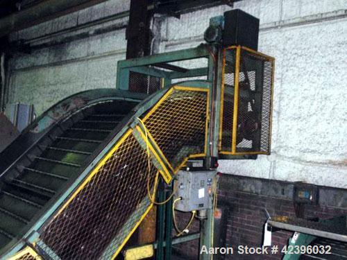 Used Z Style Metal Cleated Belt Conveyor. 46" Wide x 9' long flat section, 7' long inclined section, 4’ flat section. Approximate 84" high discharge height. With motor.