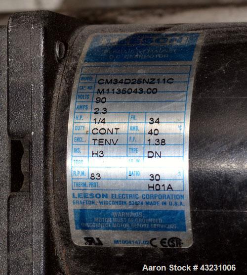 Used Bulk Elevator Feeder, Stainless Steel. Approximate 10" wide x 84 long pleated belt, approximate 80" discharge height. 56 x 42 x 24 Deep bulk supply hopper. Driven by a 1/4 hp, 90 volt DC gear mo...