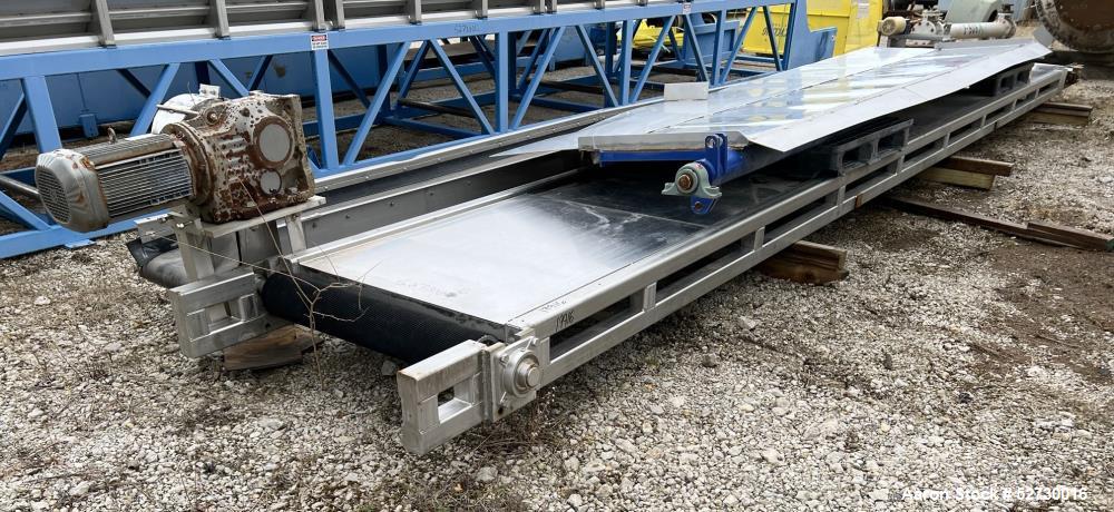 Used- Belt Conveyor. Approximate 360" long x 36" wide. Driven by motor through reducer. No Manufacturer tag.