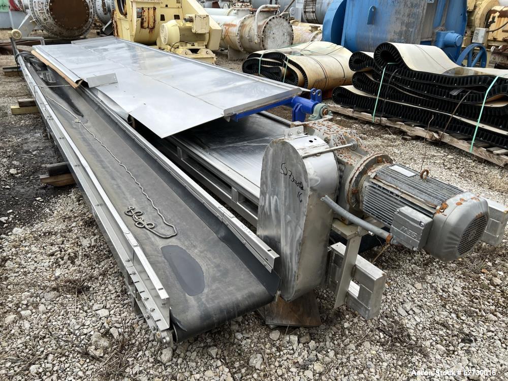 Used- Belt Conveyor. Approximate 360" long x 36" wide. Driven by motor through reducer. No Manufacturer tag.