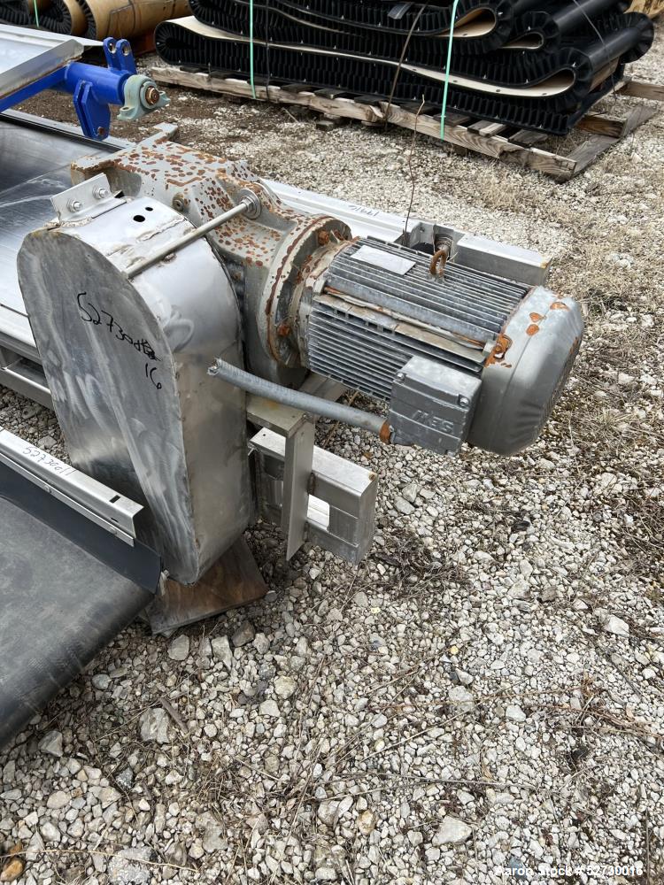 Used- Belt Conveyor. Approximate 360" long x 36" wide. Driven by motor through reducer. No Manufacturer tag.