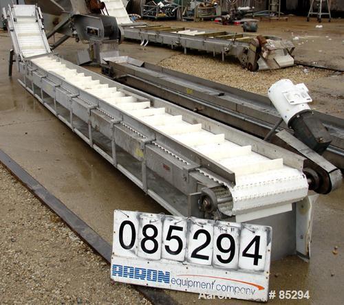 Used Incline Belt Conveyor, 304 stainless steel frame. Plastic belt 18" wide x 48" long bottom section x 140 degree 20' long incline section. Driven by a 1 hp, 3/60/208-230/460 volt, 1725 rpm gearmot...