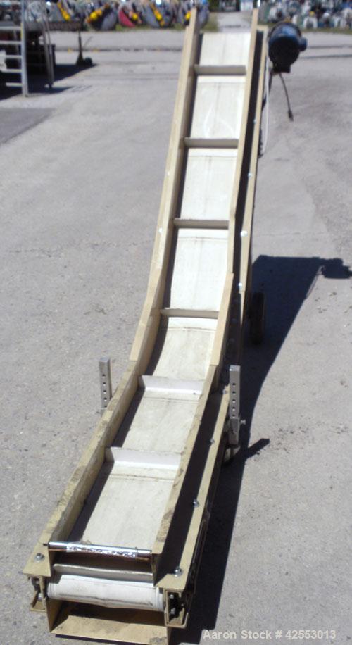 Used Plastic Process Equipment Fixed Incline Belt Conveyor, Model FIC-12, Carbon Steel. 10’’ Wide x 48’’ long bottom horizontal section x 68’’ long inclined section rubber belt with 17’’ long pockets...