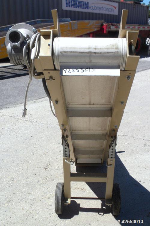 Used Plastic Process Equipment Fixed Incline Belt Conveyor, Model FIC-12, Carbon Steel. 10’’ Wide x 48’’ long bottom horizontal section x 68’’ long inclined section rubber belt with 17’’ long pockets...