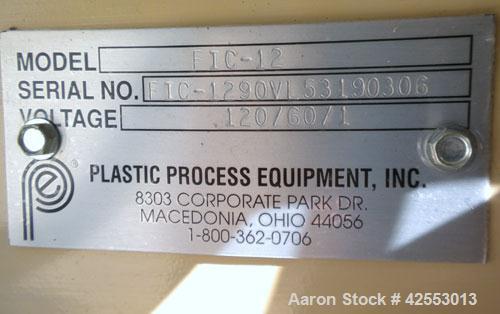 Used Plastic Process Equipment Fixed Incline Belt Conveyor, Model FIC-12, Carbon Steel. 10’’ Wide x 48’’ long bottom horizontal section x 68’’ long inclined section rubber belt with 17’’ long pockets...