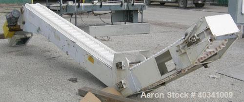Used Rapat Corp "S" shaped flexwall incline conveyor, model FLX21.516. Carbon steel frame, approximately 12" wide cleated rubber belt, 1" tall accordion sides, 51" long top infeed section, 12' long i...