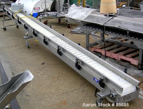 Used SIM Fabricators Incline Belt Conveyor. Plastic belt 12" wide x 232" long x 32" discharge height. Stainless steel sides, adjustable side rails. Driven by a 1 HP, 3/60/230/460 Volt, 1740 RPM gearm...