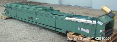 Used Titan Industries Pleated Belt Conveyor, model 304, carbon steel. 24’’ Wide x 208’’ long rubber belt with 11-1/2’’ long pockets with 2-1/2’’ tall pleats. 180’’ Long section of Lexan sheet top cov...