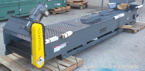 Used Titan Industries Pleated Belt Conveyor, model 304, carbon steel. 24’’ Wide x 177’’ long rubber belt with 11-1/2’’ long pockets with 2-1/2’’ tall pleats. 148’’ Long section of Lexan sheet top cov...