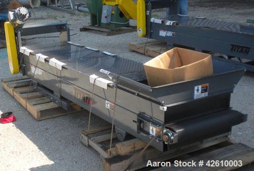 Used Titan Industries Pleated Belt Conveyor, model 304, carbon steel. 24’’ Wide x 118’’ long rubber belt with 11-1/2’’ long pockets with 2-1/2’’ tall pleats. 88’’ Long section of Lexan sheet top cove...